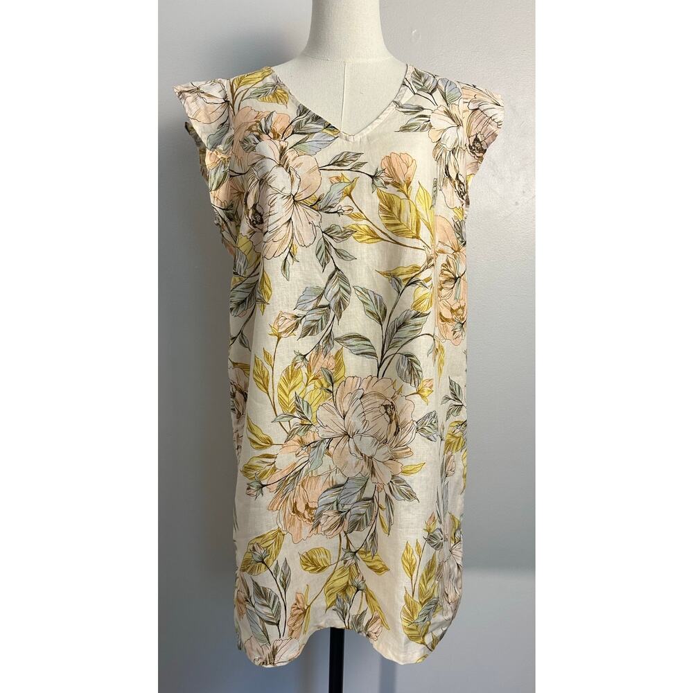 Nicole Miller 100% Linen Floral Mini Dress 🌸 Romantic Peony Flutter Sleeve Sz M